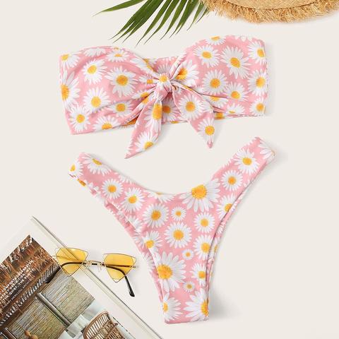 Set De Bikini Top Bandeau Con Estampado De Margarita Cortado Alto