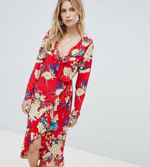 Prettylittlething Floral Ruffle Wrap Midi Dress