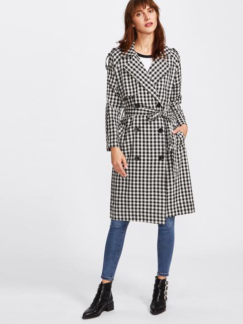 Cape Detail Self Tie Gingham Trench Coat