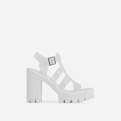 Toffee Clear Perspex Platform Block Heel In White, White