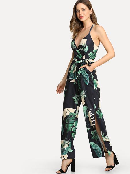 Overlap Front Tropical Cami Jumpsuit