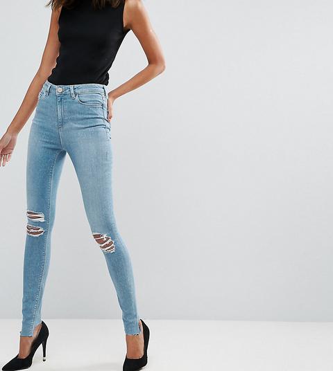 Asos Tall - Ridley - Jeans Skinny Vita Alta Blu Lavaggio Chiaro Albie Con Strappi E Fondo Asimmetrico - Blu