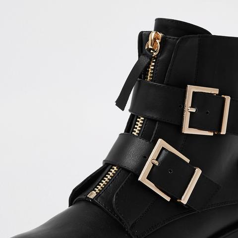 Black Buckle Front Zip Chunky Boots 