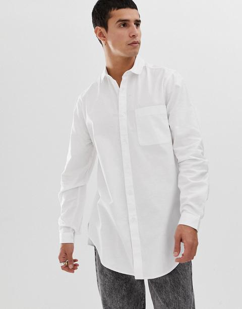Asos Design Regular Fit Longline Oxford Shirt In White