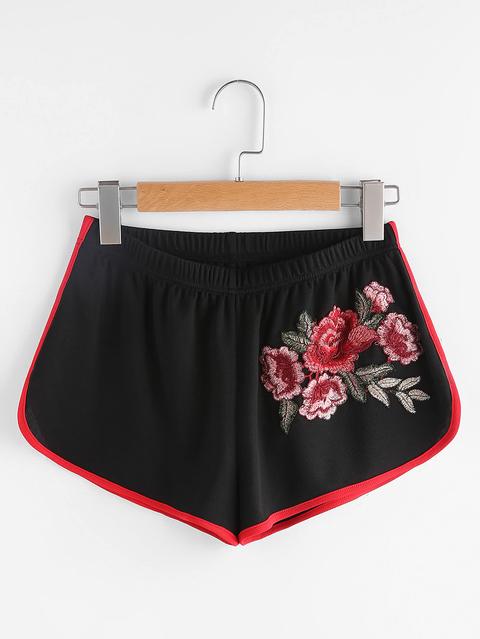 Pantaloncini Con Applique Di Rosa Ricamata