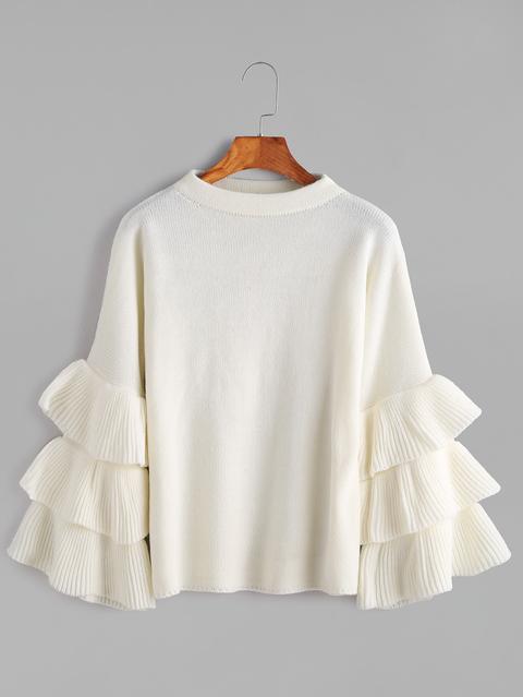 White Layered Ruffle Sleeve Pullover Sweater