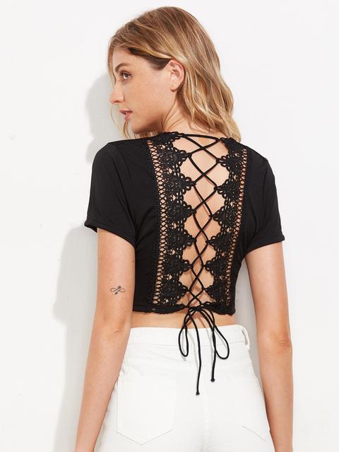 Plunge Crochet Lace Trim Lace Up Back Crop Tee