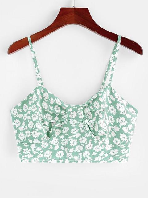 Zaful Ditsy Print Bow Shirred Cami Bralette Top Light Green Mango Orange