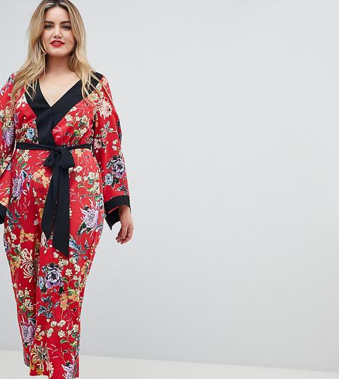 Asos Design Curve - Tuta Lunga Floreale A Kimono Con Righe A Contrasto Sul Bordo - Multicolore