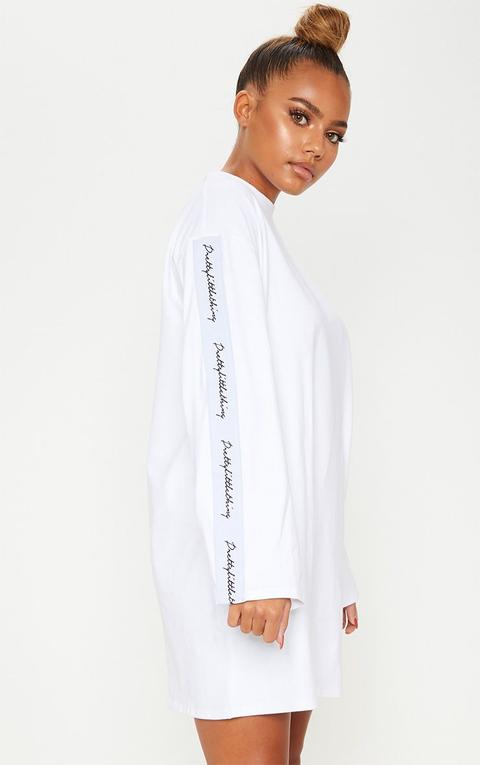 Prettylittlething White Tape Long Sleeve T Shirt Dress