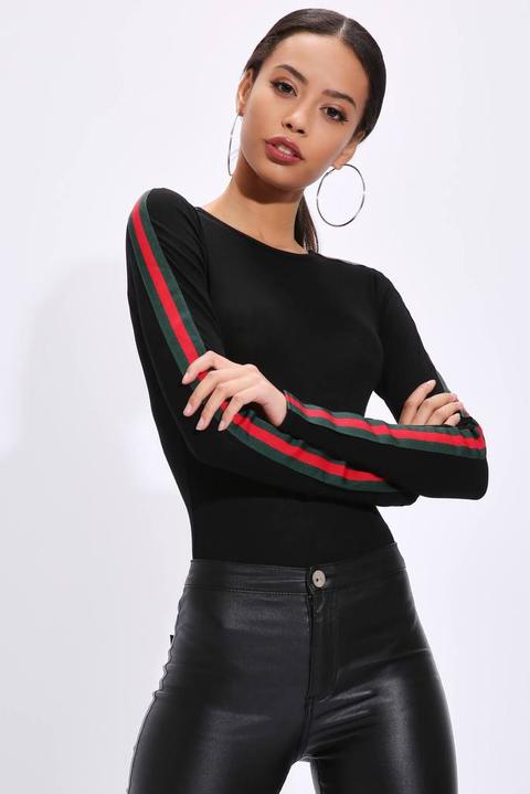 Black Jersey Bodysuit With Stripe Detail