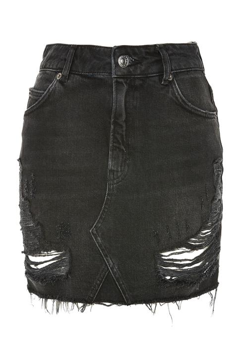 Womens Moto Ripped Denim Mini Skirt - Washed Black, Washed Black