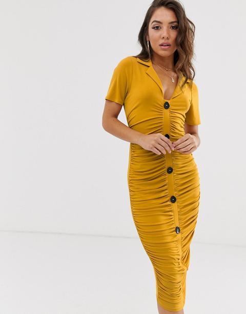 Asos Design - Vestito Midi Con Ruches E Bottoni - Giallo