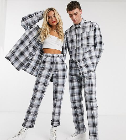 Collusion Unisex High Waist Check Trousers-grey