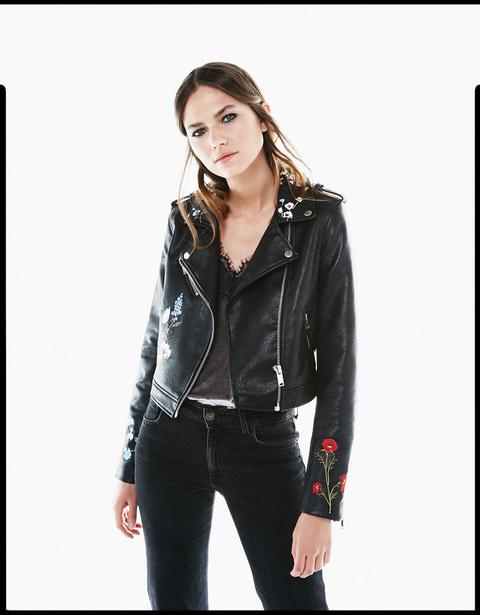 Cazadora Biker Polipiel Bordado Flor