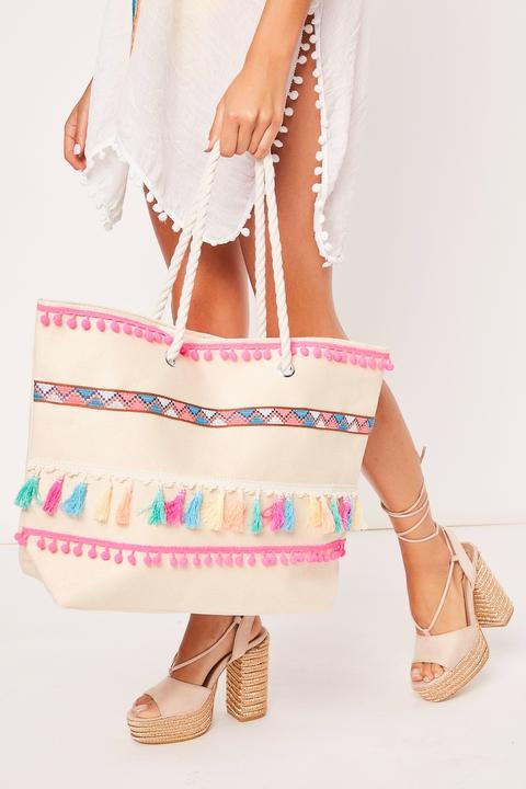 Daniella Cream Multi Tassel & Pom Pom Trim Tote Bag