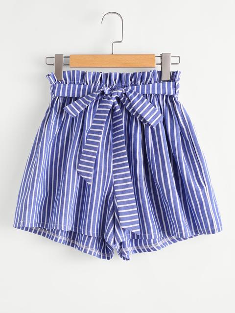 Vertical Striped Frill Waist Self Tie Shorts