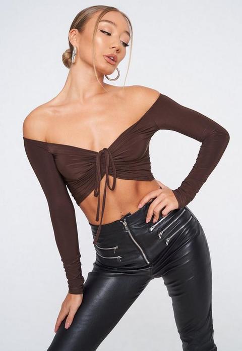 Chocolate Slinky Ruched Long Sleeve Crop Top, Brown