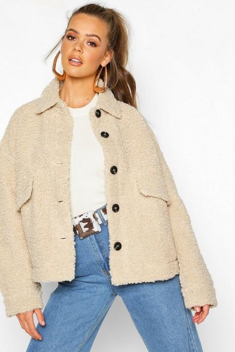 Womens Teddy Faux Fur Trucker Jacket - Beige - 8, Beige