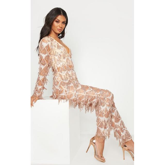 rose gold tassel sequin plunge jumpsuit