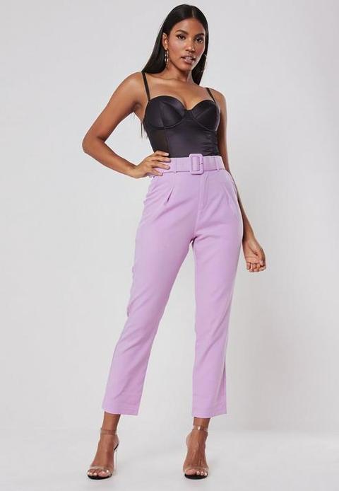 Purple houndstooth linen-cotton low waisted pleated cuffed Cigarette Pants  | Sumissura