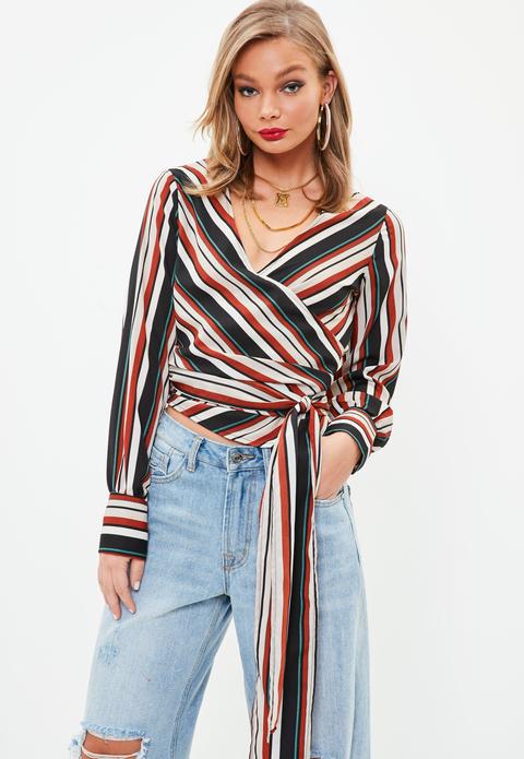 Navy Stripe Blouson Sleeve Tie Front Blouse