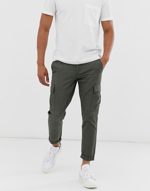 River Island - Pantalon Cargo Ajusté - Kaki