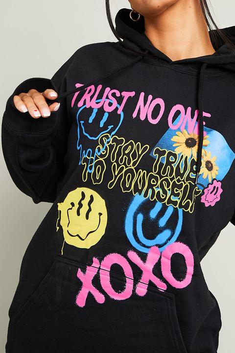 Black Trust No One Graphic Oversized Hoodie , Black