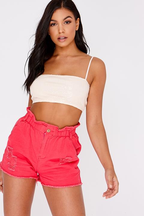 Pink Shorts - Sarah Ashcroft Light Red Paperbag Distressed Denim Shorts