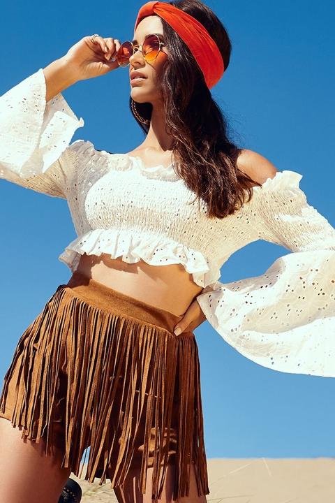 White Tops - Lyshia White Broderie Anglaise Shirred Flare Sleeve Crop Top