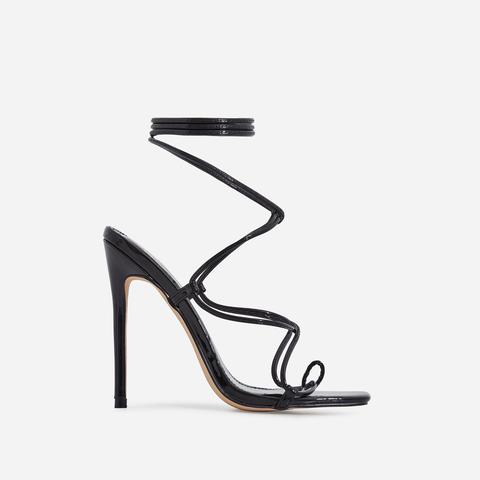 Paris Square Toe Lace Up Heel In Black Patent, Black