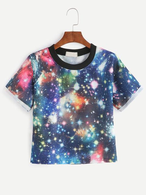 Contrast Neck Galaxy Print Cuffed T-shirt