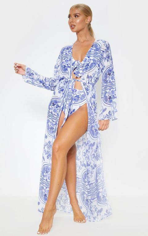 Kimono Plissé Imprimé Baroque Bleu À Lien, Bleu