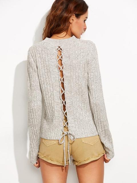 Grey Marled Knit Lace Up Back Ribbed Sweater