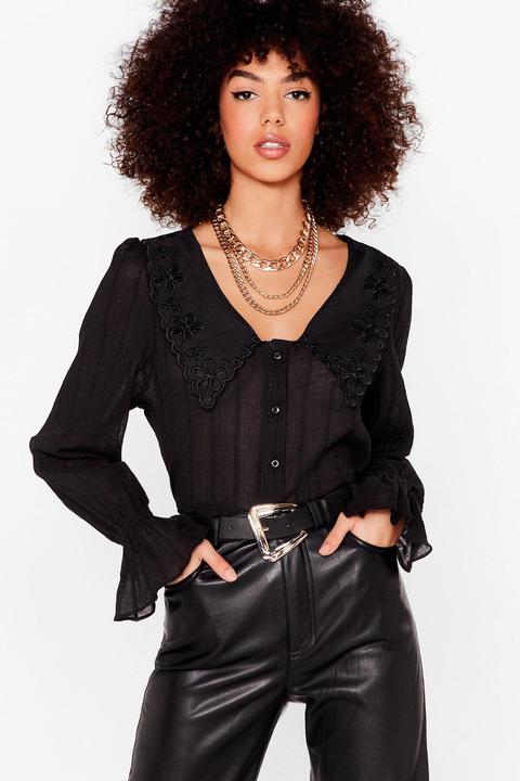 Womens Blouse Semi-transparente À Col Oversize Brodé - Noir - M/l, Noir