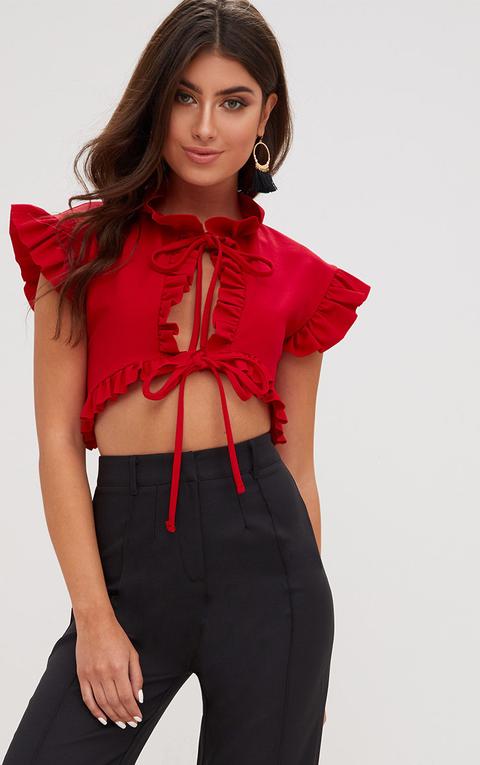 Red Frill Detail Tie Front Crop Top, Red