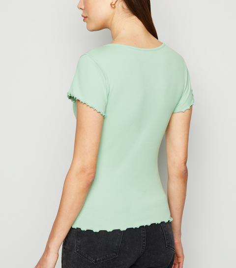 Light Green Frill Trim Cap Sleeve T-shirt New Look