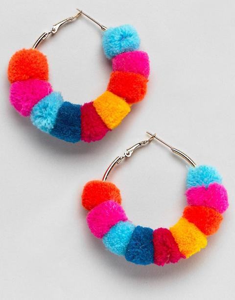 Pendientes De Aro Con Pompón Multicolor De Asos Design