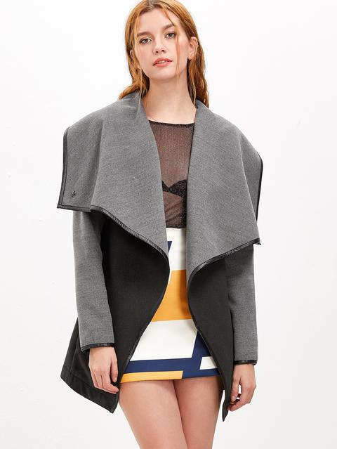 Black And Grey Drape Collar Faux Leather Binding Coat