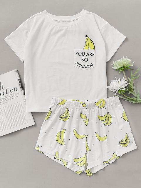 Top Pigiama Con Stampa Di Banana ,con Pantaloncini Pigiama