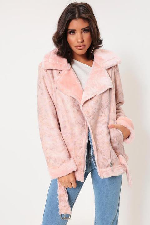 Pink Faux Fur Lined Soft Aviator Jacket