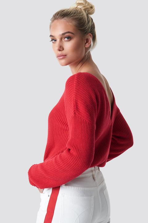 Knitted Deep V-neck Sweater Racing Red