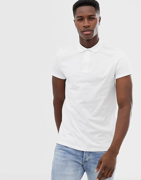 Polo De Punto Con Manga Remangada En Blanco De Asos Design