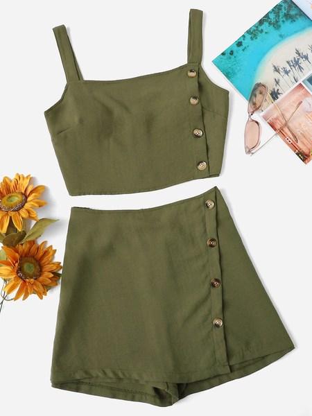 Casuale Puro Bottone Verde Militare Co-ords Taglia Grassa