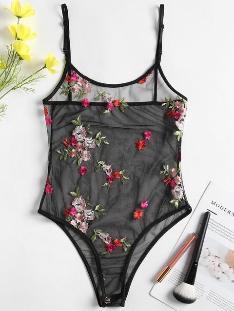 Bodysuit In Tulle Trasparente Con Ricamo Black