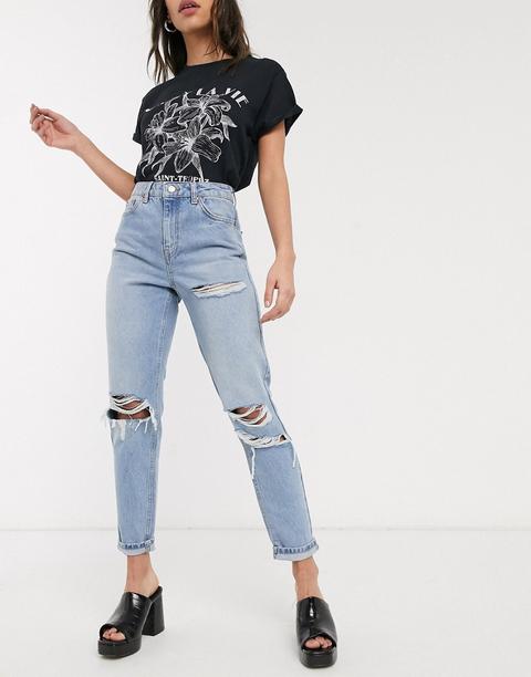 Topshop - Jean Mom Ultra-déchiré - Délavé-bleu