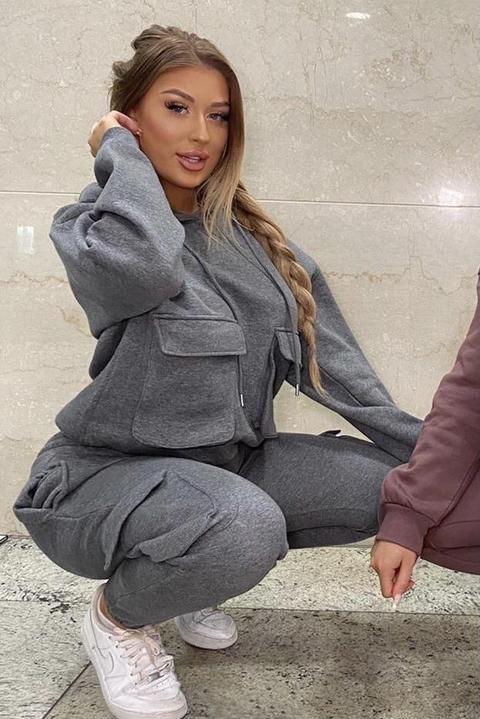 Izia Charcoal Utility Cargo Oversized Hoodie And Joggers Tracksuit Set