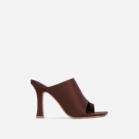 Girl Crush Toe Loop Square Toe Heel Mule In Dark Brown Lycra, Brown