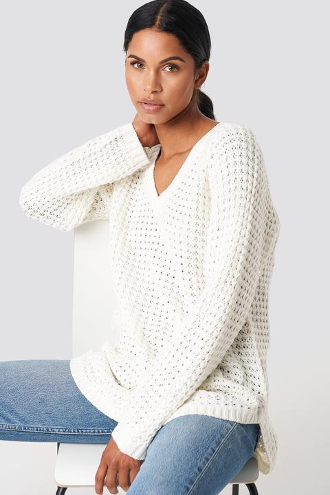 V-neck Pineapple Knitted Sweater Offwhite