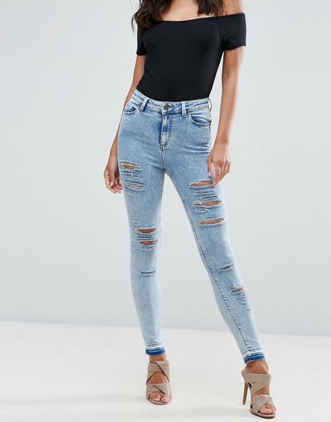 Asos - Ridley - Jeans Skinny Lavaggio Acido Chiaro Sebastian Con Strappi E Orlo Scucito - Blu